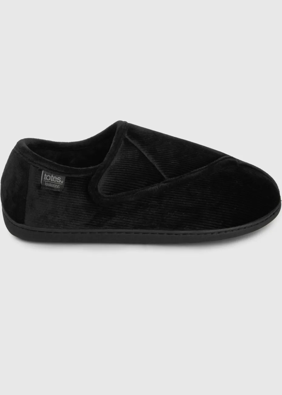 Totes Isotoner Black Velour Closed Back Slipper With Velcro Opening