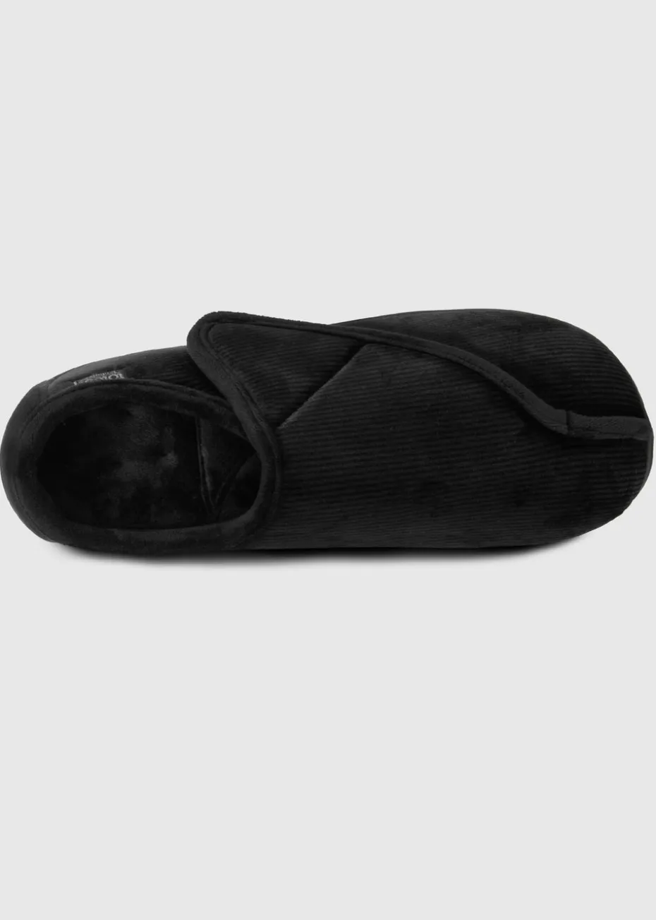 Totes Isotoner Black Velour Closed Back Slipper With Velcro Opening