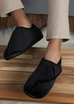 Totes Isotoner Black Velour Closed Back Slipper With Velcro Opening