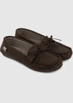 Totes Isotoner Brown Distressed Moccasin Slipper With Herringbone Sock