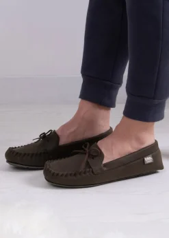 Totes Isotoner Brown Distressed Moccasin Slipper With Herringbone Sock