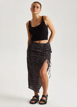 Urban Bliss Black Chiffon Floral Ruched Midi Skirt