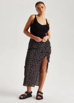 Urban Bliss Black Chiffon Floral Ruched Midi Skirt