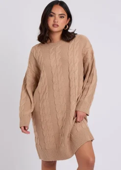 Urban Bliss Camel Cable Crew Neck Mini Dress