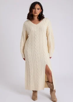 Urban Bliss Cream Cable V Neck Midaxi Dress