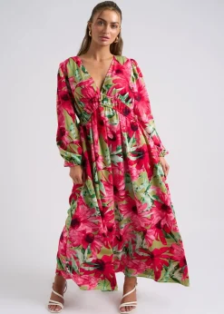 Urban Bliss Green Large Floral Ruched Smock Dress