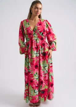 Urban Bliss Green Large Floral Ruched Smock Dress