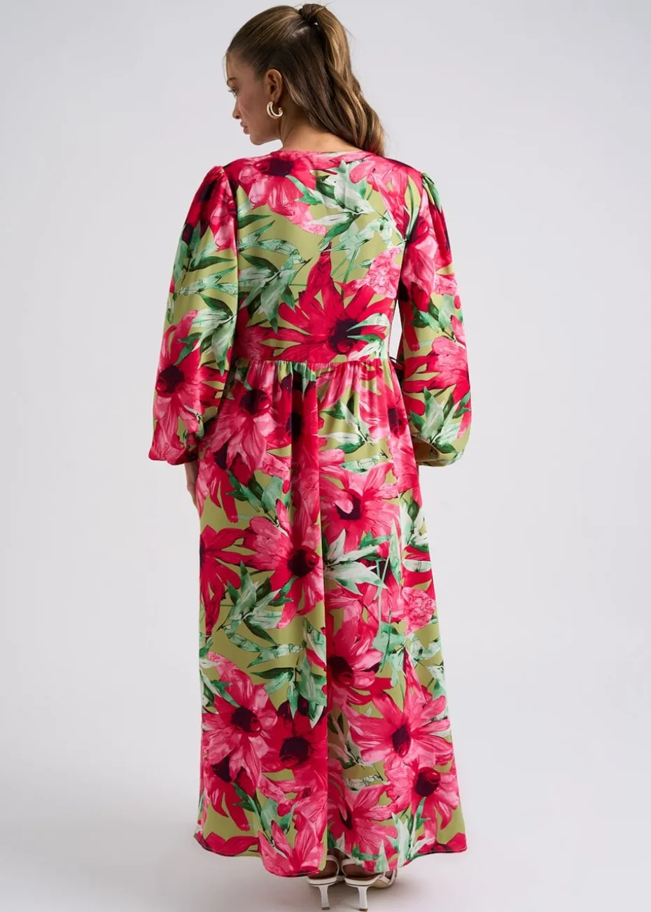 Urban Bliss Green Large Floral Ruched Smock Dress