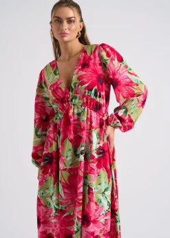 Urban Bliss Green Large Floral Ruched Smock Dress