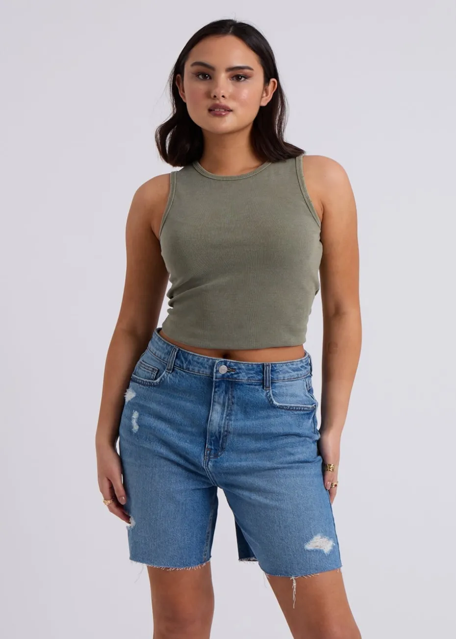 Urban Bliss Khaki Washed Ribbed Racer Vest