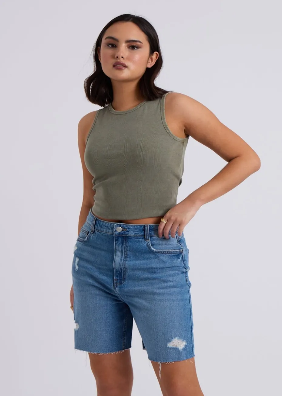 Urban Bliss Khaki Washed Ribbed Racer Vest