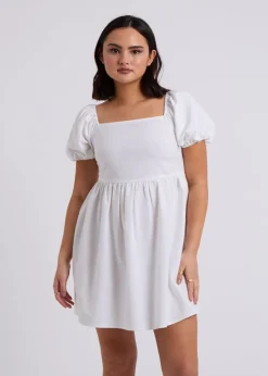 Urban Bliss White Linen Blend Lace Up Mini Smock Dress