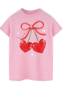 Valentine's Day Cherry Hearts Pink Boyfriend Fit T-Shirt