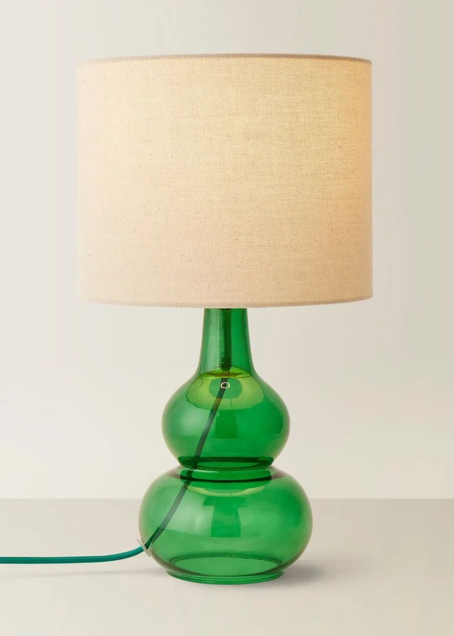 ValueLights Aida Natural Linen Tall Lamp Bright Green Bubble Glass Table Lamp