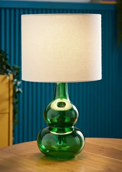 ValueLights Aida Natural Linen Tall Lamp Bright Green Bubble Glass Table Lamp