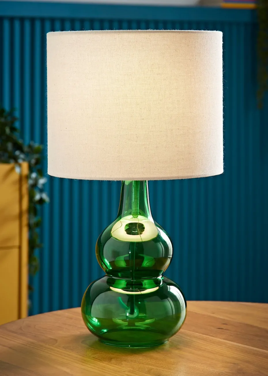 ValueLights Aida Natural Linen Tall Lamp Bright Green Bubble Glass Table Lamp