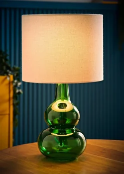 ValueLights Aida Natural Linen Tall Lamp Bright Green Bubble Glass Table Lamp