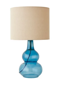 ValueLights Aida Natural Linen Tall Lamp Shade Blue Bubble Glass Table Lamp