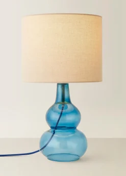 ValueLights Aida Natural Linen Tall Lamp Shade Blue Bubble Glass Table Lamp
