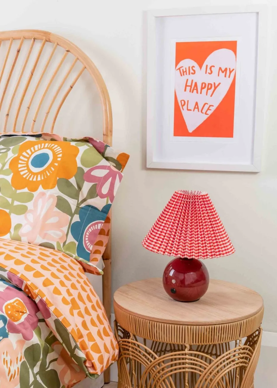 ValueLights Bloom Red Table Lamp with Multicolour Tapered Shade Integrated LED