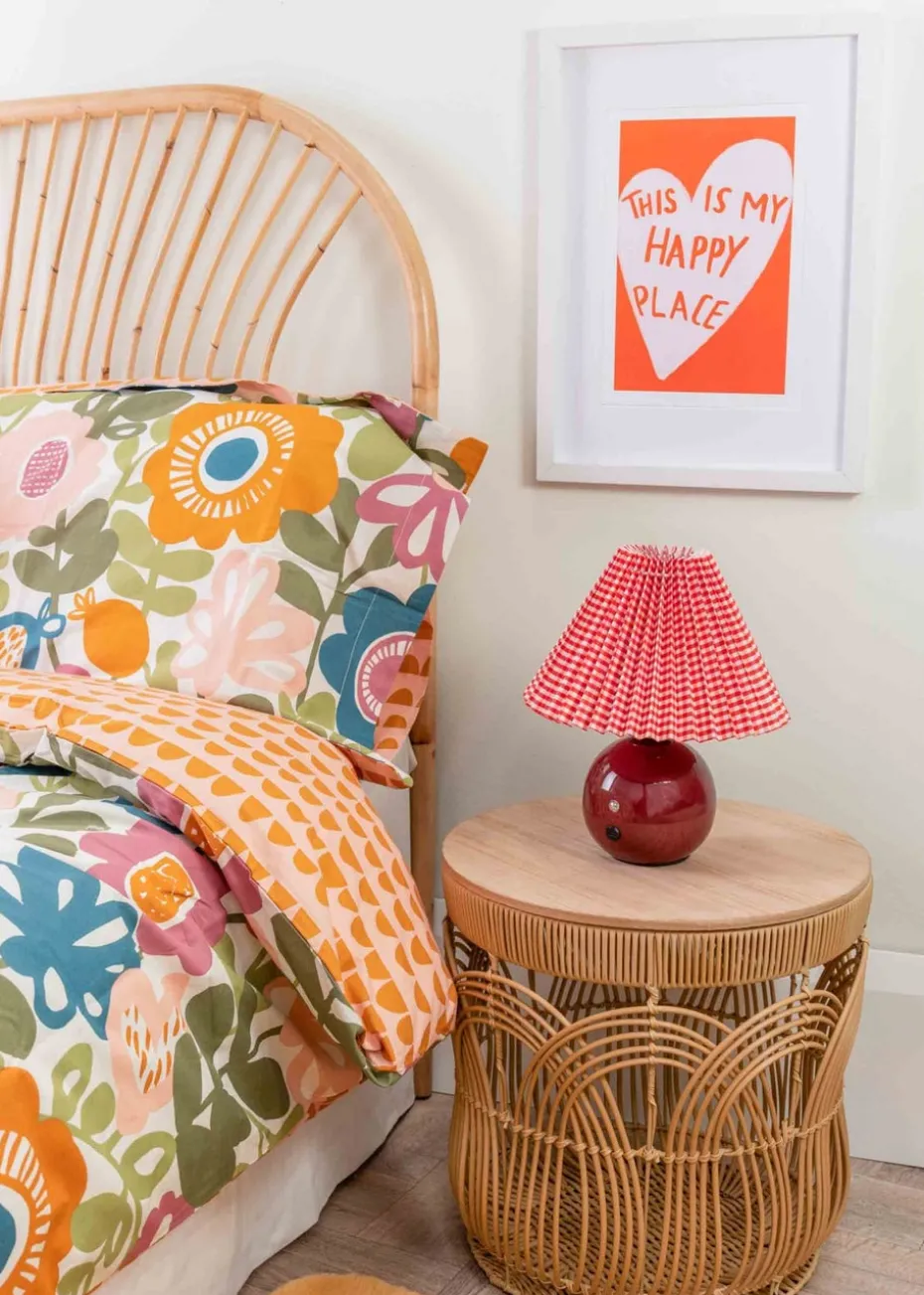 ValueLights Bloom Red Table Lamp with Multicolour Tapered Shade Integrated LED