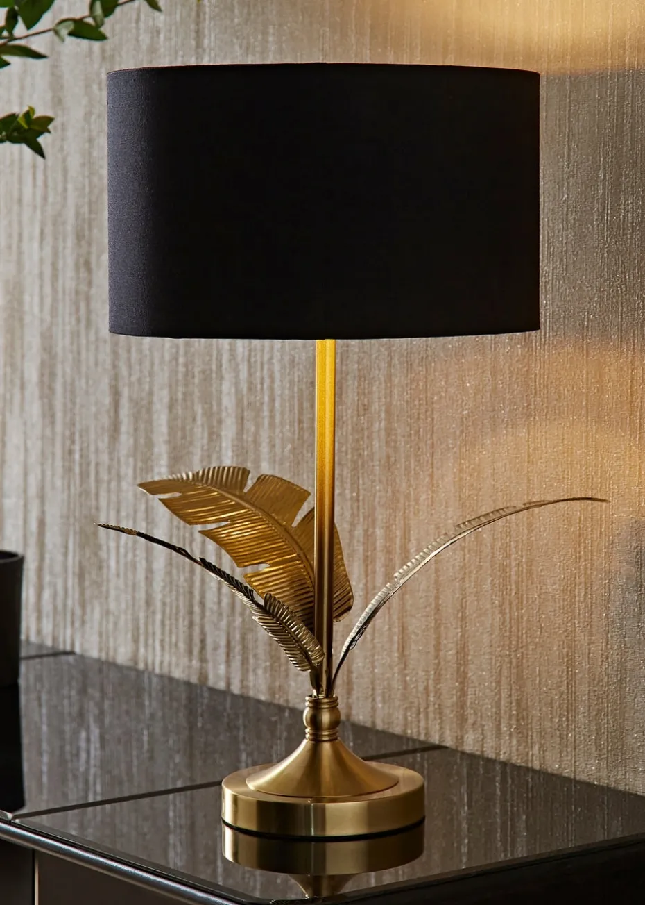 ValueLights Christina Black with Metallic Gold Drum Shade Gold Palm Leaf Table Lamp
