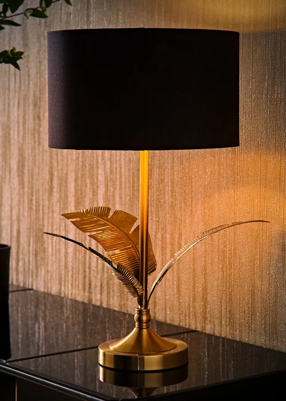 ValueLights Christina Black with Metallic Gold Drum Shade Gold Palm Leaf Table Lamp