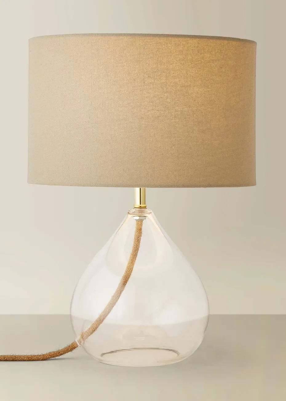 ValueLights Eloise Natural Linen Drum Shade Clear Glass Teardrop Table Lamp