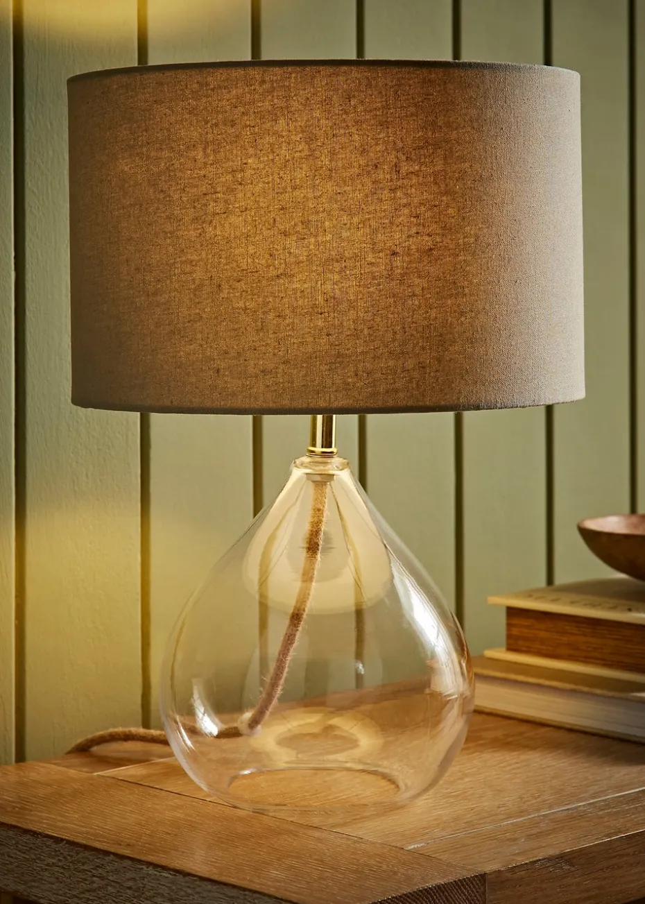 ValueLights Eloise Natural Linen Drum Shade Clear Glass Teardrop Table Lamp