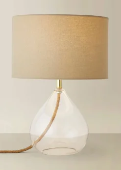ValueLights Eloise Natural Linen Drum Shade Clear Glass Teardrop Table Lamp
