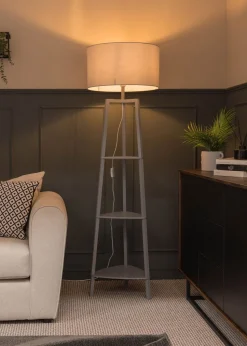 ValueLights Hiru Grey 3 Tier Shelf Floor Lamp Grey Shade (138cm x 44cm x 44cm)