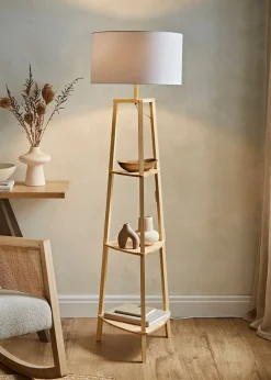 ValueLights Hiru Natural Wood 3 Tier Shelf Floor Lamp (25cm x 47cm x 47.5cm)