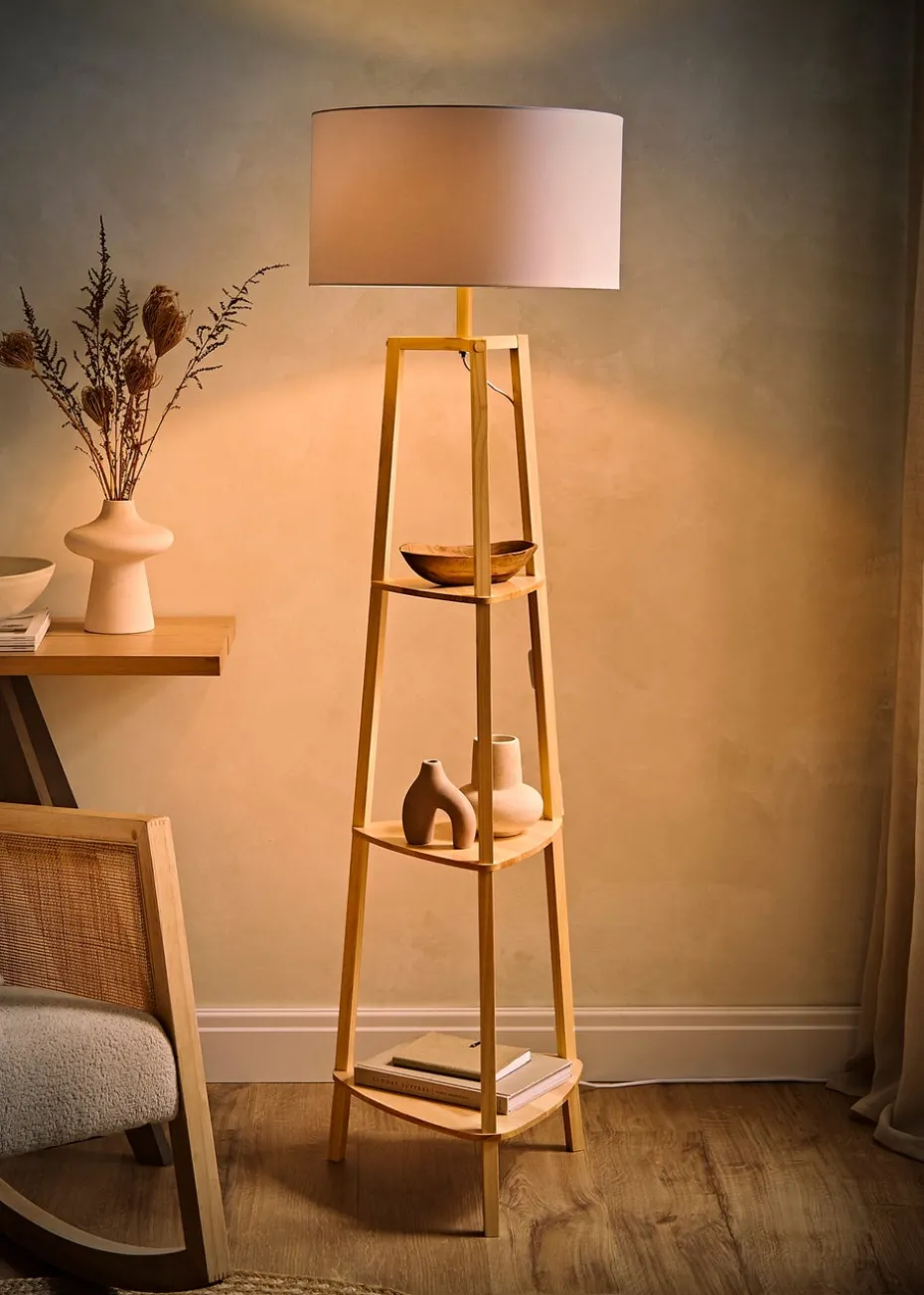 ValueLights Hiru Natural Wood 3 Tier Shelf Floor Lamp (25cm x 47cm x 47.5cm)