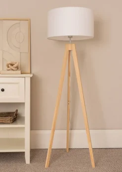 ValueLights Jackson Oak Effect Natural Floor Lamp with Large Drum Shade