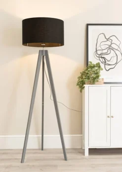 ValueLights Jackson Painted Grey Floor Lamp with Large Drum Shade