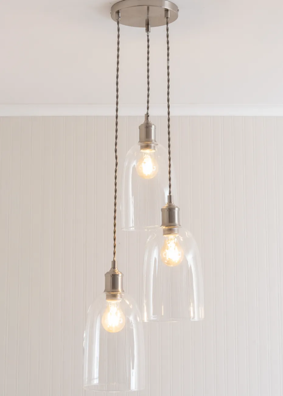 ValueLights Kira Glass Cloche Dome 3 Drop Cluster Brushed Chrome Ceiling Pendant Light