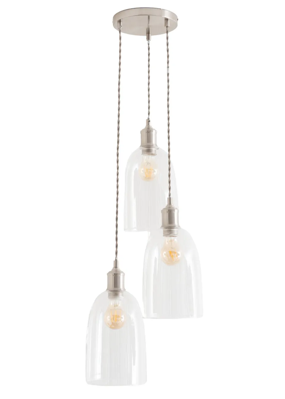 ValueLights Kira Glass Cloche Dome 3 Drop Cluster Brushed Chrome Ceiling Pendant Light