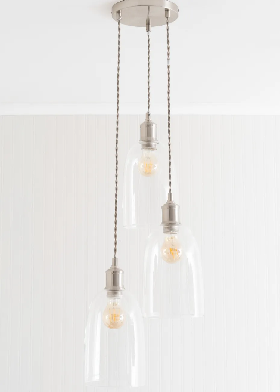 ValueLights Kira Glass Cloche Dome 3 Drop Cluster Brushed Chrome Ceiling Pendant Light