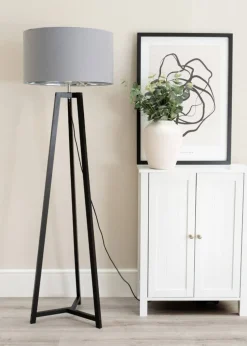 ValueLights Lottie Painted Black Floor Lamp with Large Metallic Chrome Inner Drum Shade
