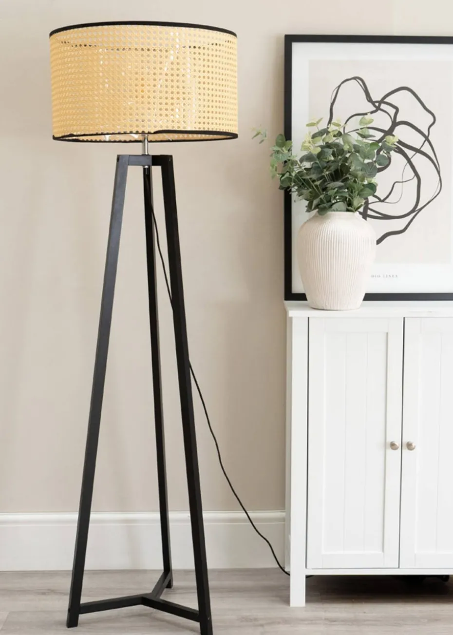 ValueLights Lottie Painted Black Floor Lamp with Large Cane Drum Trim Shade