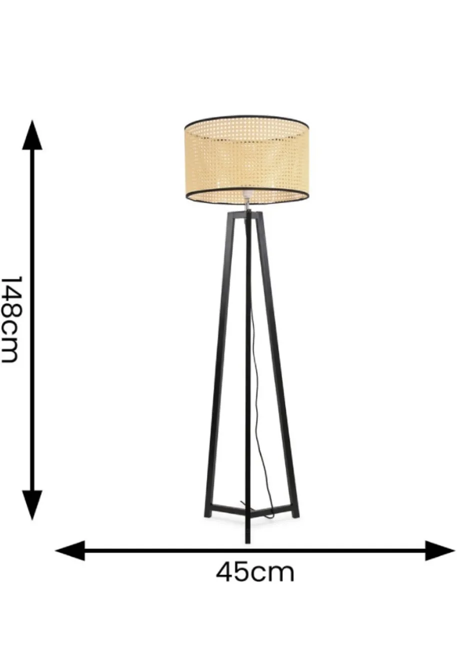 ValueLights Lottie Painted Black Floor Lamp with Large Cane Drum Trim Shade