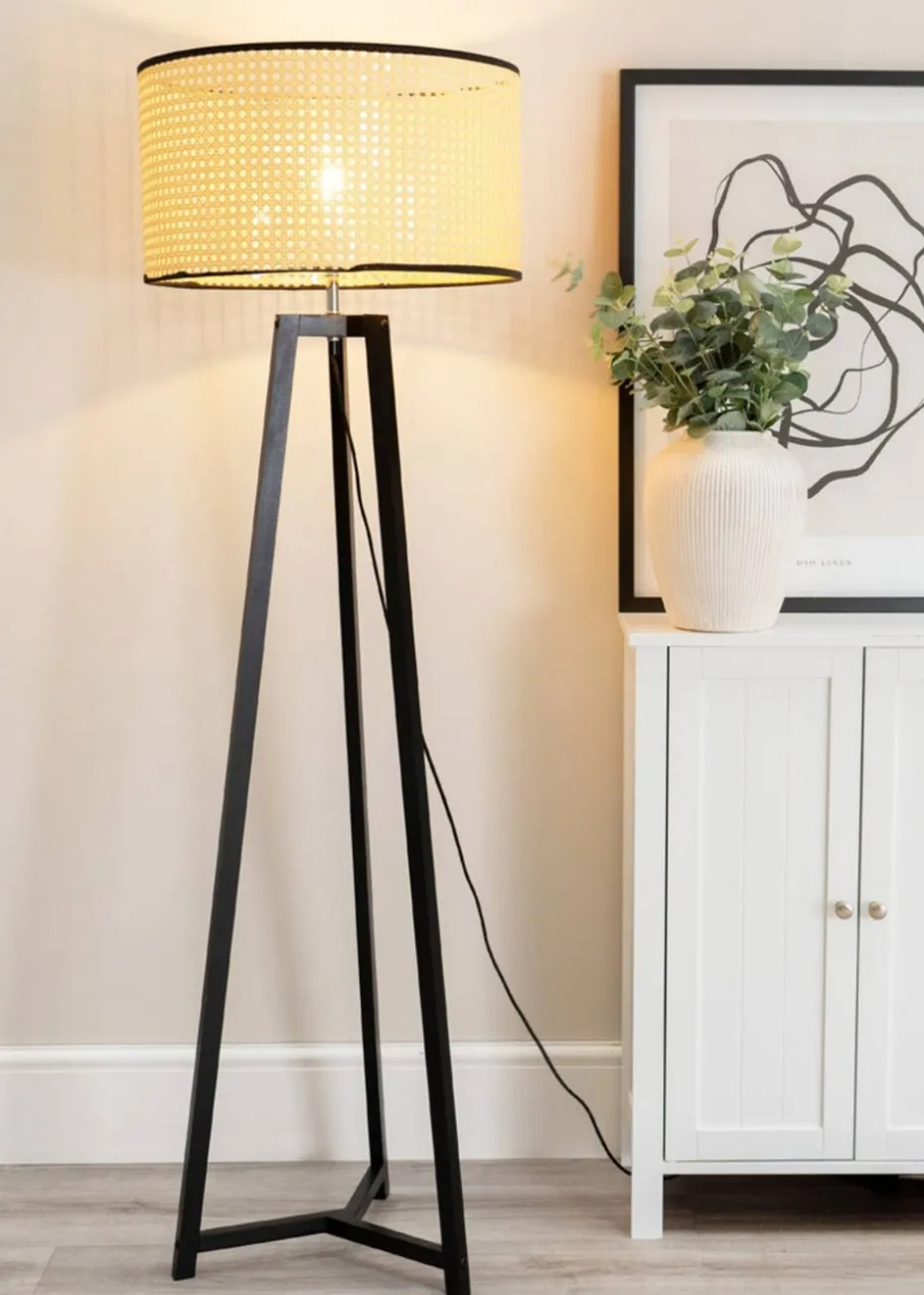 ValueLights Lottie Painted Black Floor Lamp with Large Cane Drum Trim Shade