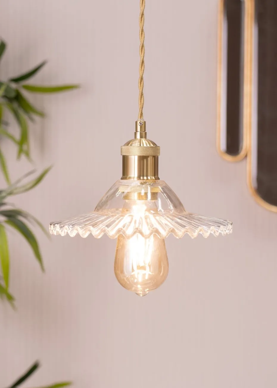 ValueLights Lucrezia Brushed Gold Pendant Light Clear Frilled Glass Shade (112cm x 21.5cm x 21.5cm)