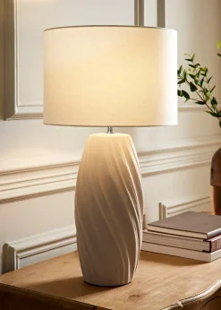 ValueLights Lydia Natural Linen Drum Lamp Shade Tall Swirl Matte Natural Table Lamp