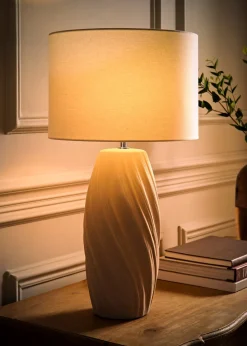 ValueLights Lydia Natural Linen Drum Lamp Shade Tall Swirl Matte Natural Table Lamp