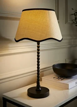 ValueLights Maeve Natural Scallop Black Trim Drum Shade Bobbin Bobble Table Lamp
