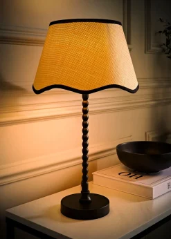 ValueLights Maeve Natural Scallop Black Trim Drum Shade Bobbin Bobble Table Lamp