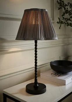 ValueLights Maeve Pleated Faux Silk Scallop Shade Black Bobbin Bobble Table Lamp