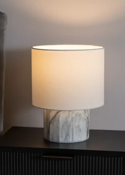 ValueLights Melanie White Marble Effect Table Lamp with White Linen Lamp Shade