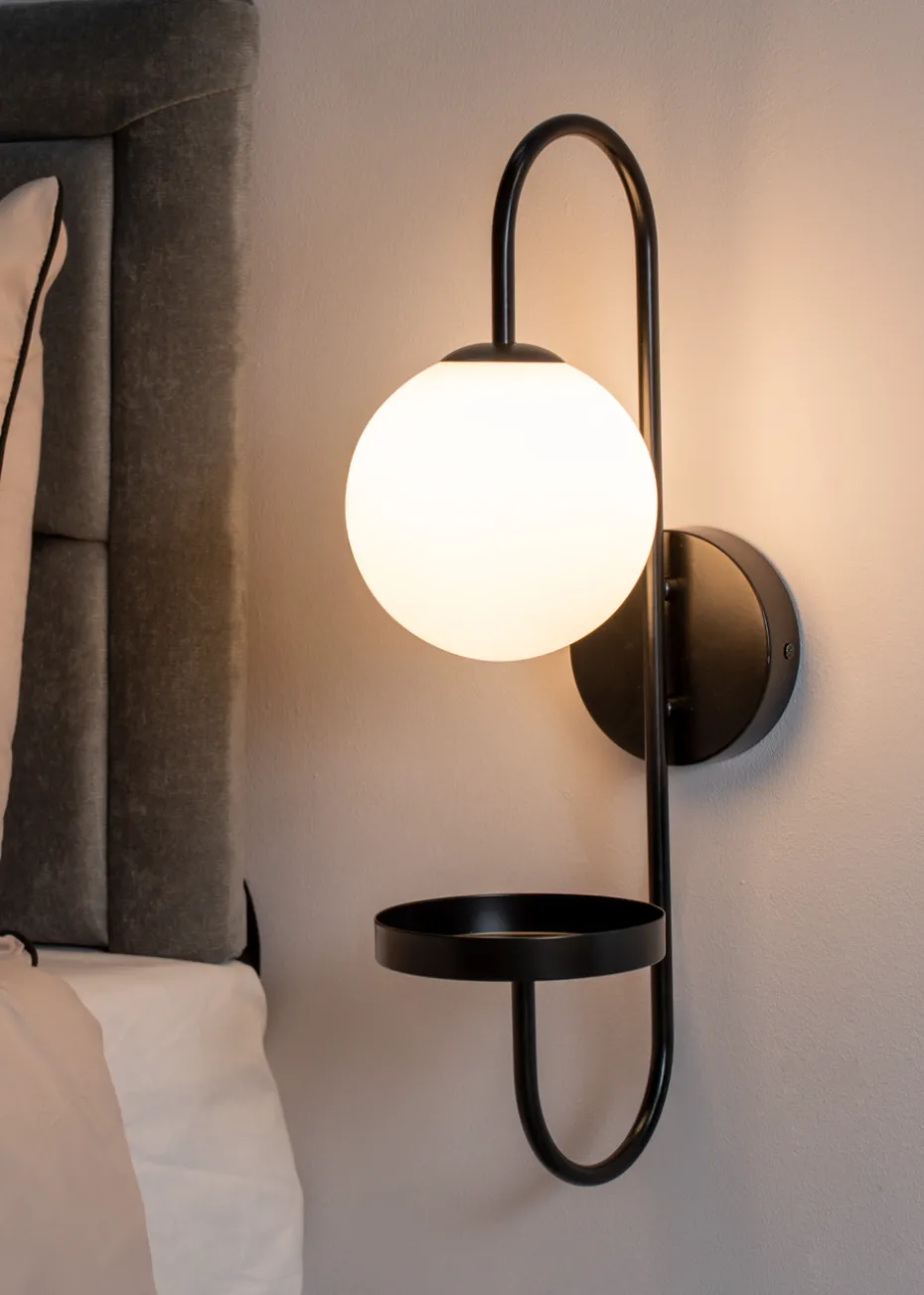 ValueLights Milo Frosted Glass Globe Shade Curved Wall Light with Shelf